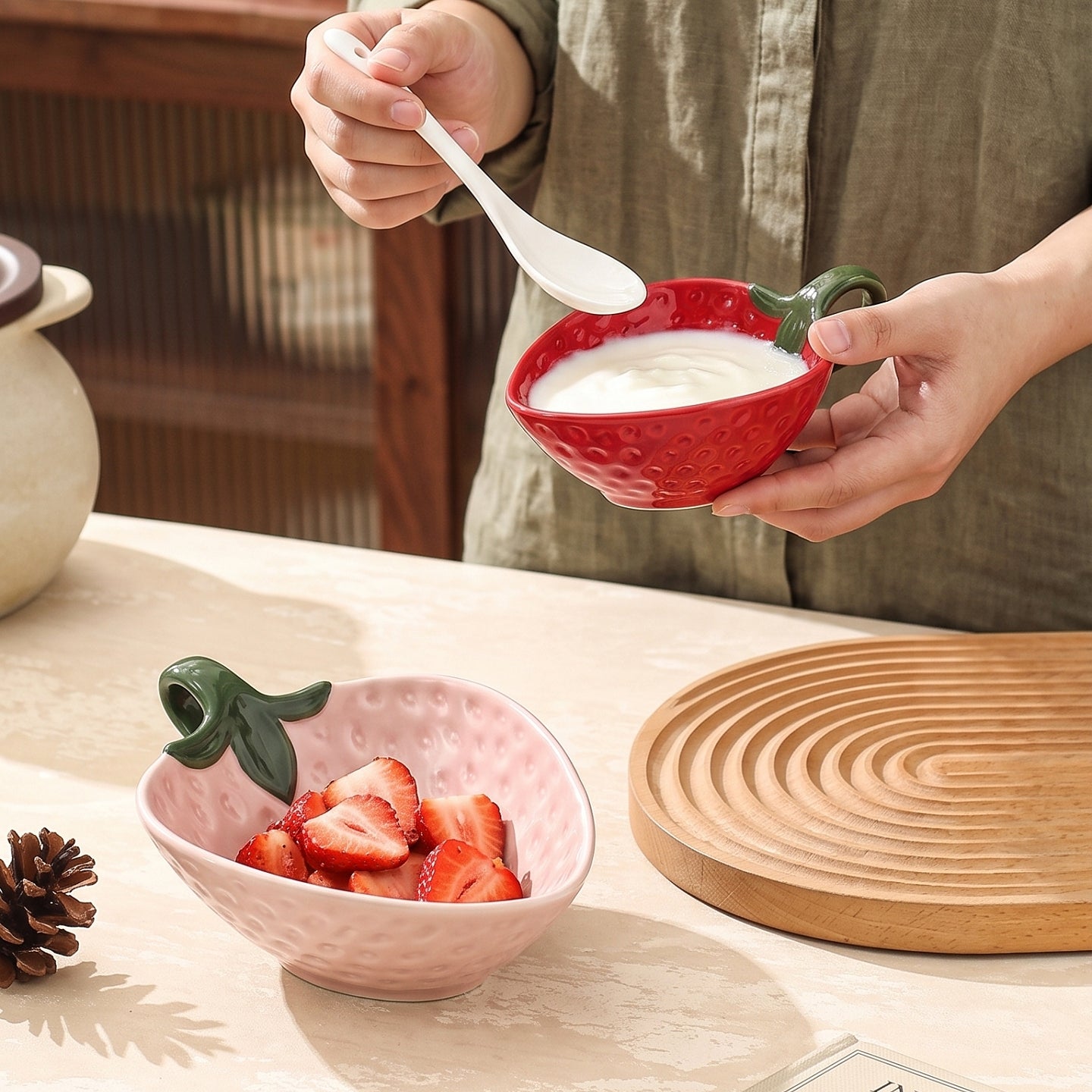 HongDian Strawberry Shaped Single Handle Bowl Series,Optional 8/5 in Ceramic Fruit Dessert Serving Bowl,Pink Red,Premium Ceramic,Cute Textured Berry Surface,Microwave Dishwasher Safe,For Salad Yogurt Snack Dip,Tea Table Kitchen Decor Gift