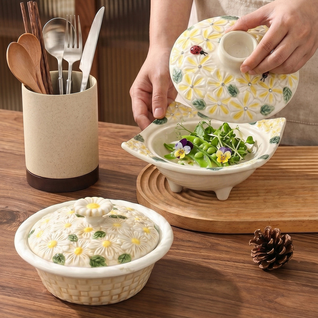 HongDian Daisy Ladybug Covered Bowl Series,Round Square Optional 6 in 280ml 10 oz,Embossed Hand Painted Craft,Premium Porcelain,Ivory Yellow,SGS Tested Underglaze Fade Resistant,Microwave Dishwasher Oven Sterilizer Safe,Meal Serving Table Decor