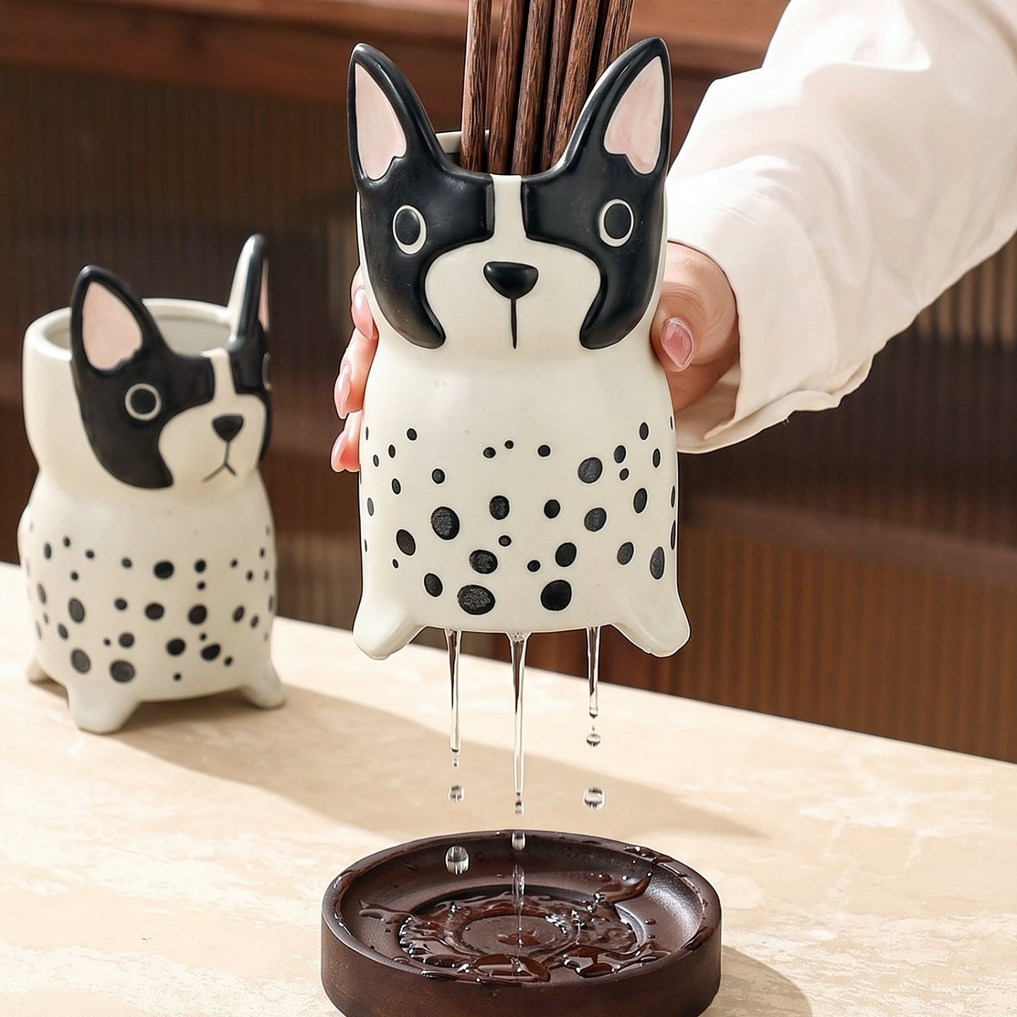 HongDian Spotted Dog Ceramic Utensil Holder,Kitchen Cutlery Flatware Caddy,Fork Spoon Chopstick Drain Holder,Bathroom Toothbrush Organizer,Black White,Premium Ceramic,Drain Hole Base,SGS Tested Underglaze Fade Resistant,Dishwasher Sterilizer Safe