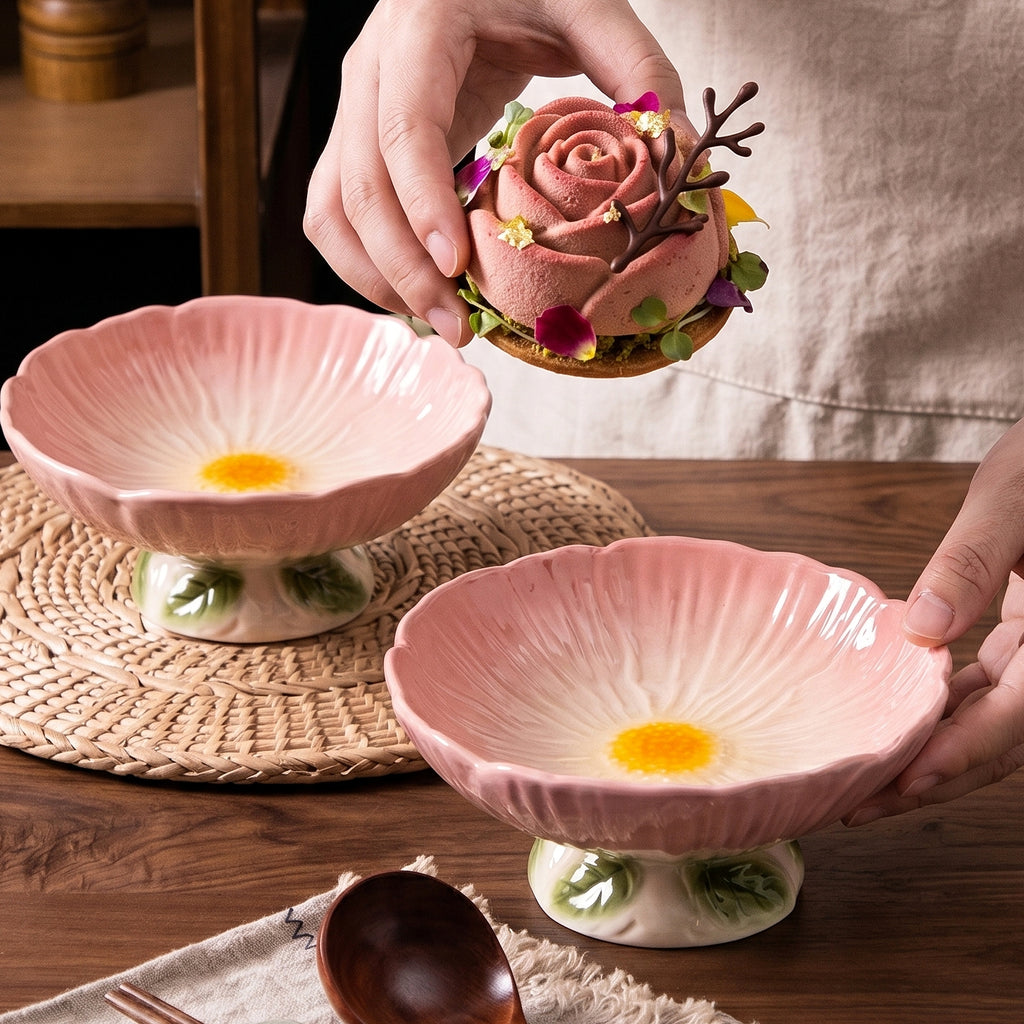 HongDian Pink Cherry Blossom Pedestal Bowl,6 in Ceramic Fruit Dessert Bowl,Hand Painted Floral Pattern,Premium Ceramic,SGS Tested Underglaze Non Fading,Microwave Dishwasher Oven Sterilizer Safe,Yogurt Salad Snack Serving Table Decor Gift