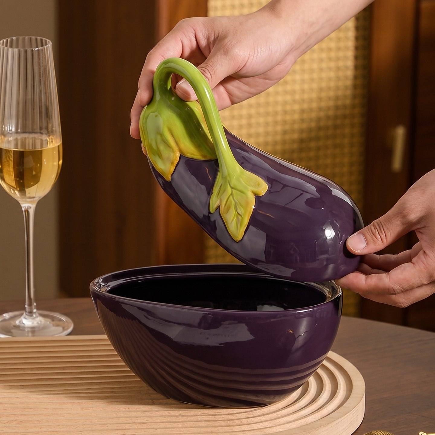 Aubergine tableware,Vegetable shaped dish,Lidded soup bowl,Serving plate,9 inch bowl,12.5 inch plate,1250ml 42 oz,Hand painted craft,Premium ceramic,Purple ceramic,Ramen serving,Stew bowl,Salad plate,Pasta plate,Dishwasher safe