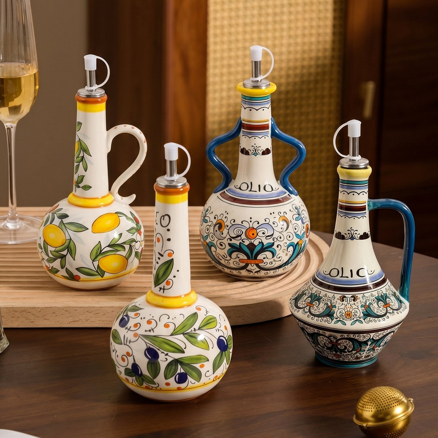 HongDian Vintage Ceramic Oil Dispenser Series,Optional Olive Vine Pattern Vinegar Bottle,Handle Pour Spout,550/600ml 19/20 oz,Premium Ceramic,SGS Tested Underglaze Fade Resistant,Kitchen Counter Cooking Salad Dressing Coffee Bar Table Decor