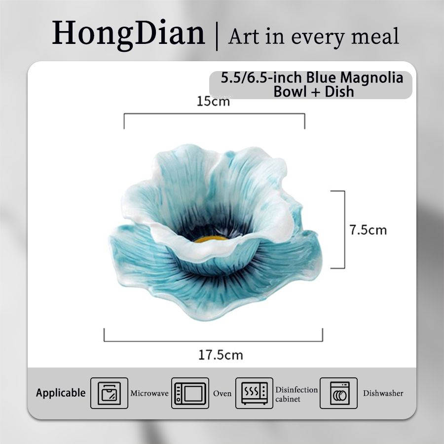 HongDian Magnolia Flower Cup with Saucer,Hand Pinched Hand Painted Porcelain Coffee Tea Cup,6/7 in,220ml 8 oz,Purple Blue Green,SGS Tested Underglaze Fade Resistant,Microwave Dishwasher Oven Sterilizer Safe,Home Gift Party All Ages