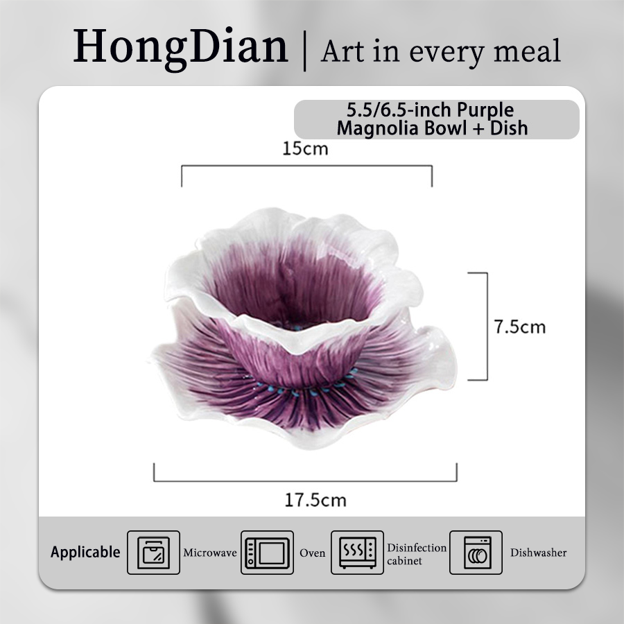 HongDian Magnolia Flower Cup with Saucer,Hand Pinched Hand Painted Porcelain Coffee Tea Cup,6/7 in,220ml 8 oz,Purple Blue Green,SGS Tested Underglaze Fade Resistant,Microwave Dishwasher Oven Sterilizer Safe,Home Gift Party All Ages
