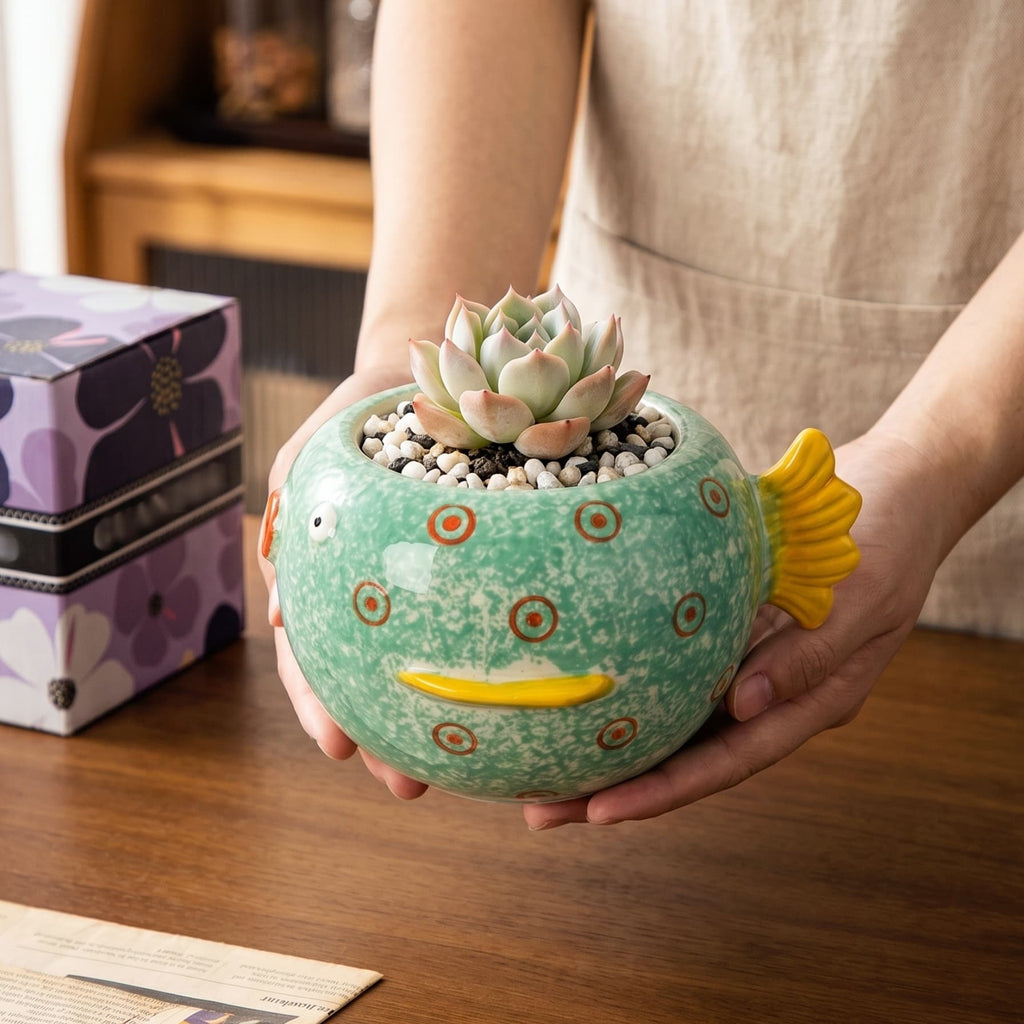 HongDian Green Pufferfish Lidded Storage Jar,Cute Ceramic Canister Succulent Planter,6 in,550ml 19 oz,Premium Ceramic,SGS Tested Underglaze Fade Resistant,Dishwasher Sterilizer Safe,Coffee Bar Tea Station Pantry Organizer Plant Pot Kitchen Gift Decor
