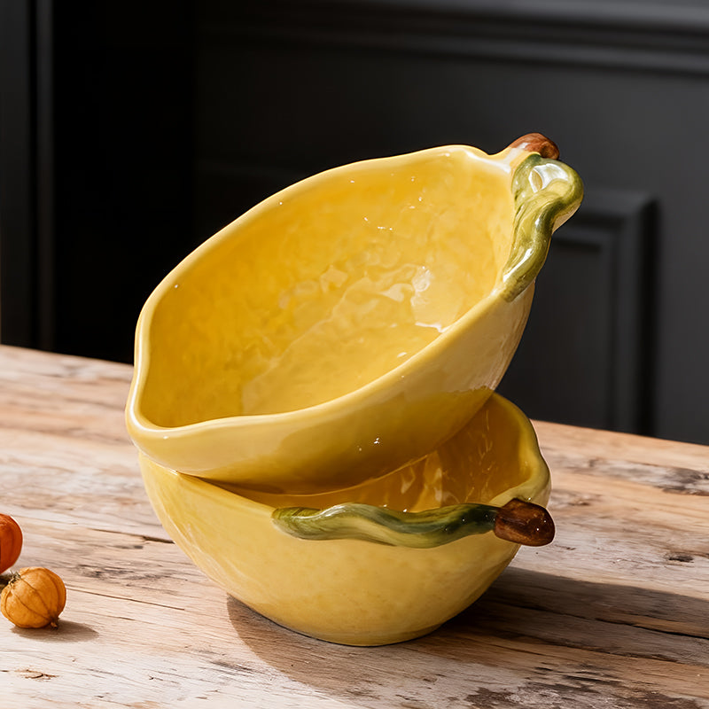 HongDian Yellow Lemon Shaped Dessert Dish 2 Pack,Small Medium Ceramic Sauce Plate,100/160ml 3/5 oz,Hand Painted Leaf Detail,Premium Ceramic,SGS Tested Underglaze Fade Resistant,Dishwasher Microwave Oven Sterilizer Safe,Tea Time Dessert Serving