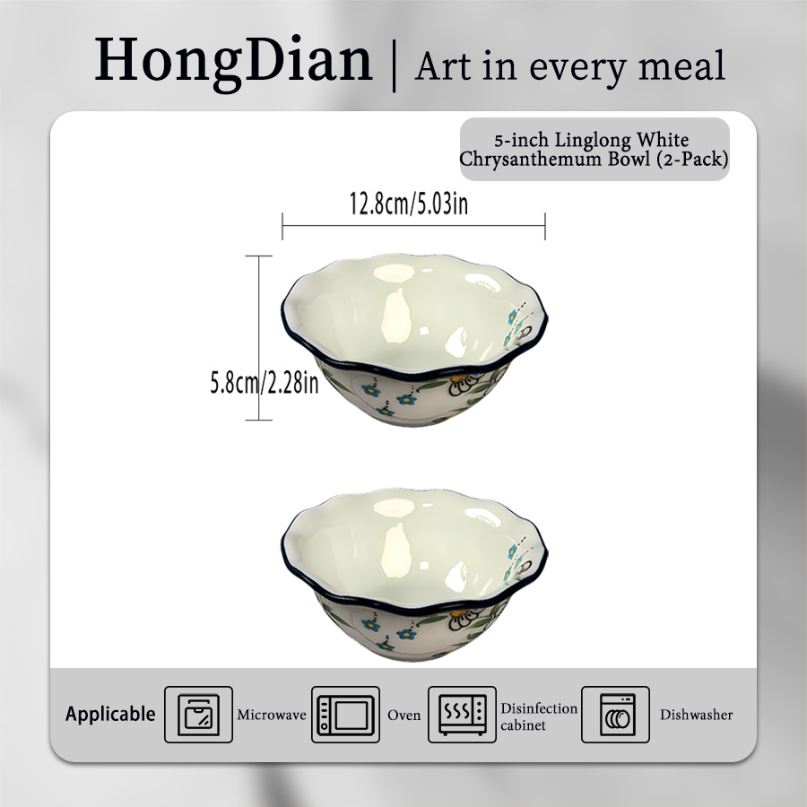 HongDian White Daisy Pattern Dinnerware,Cup Bowl Plate,with Double Handles,Hand Painted Craft,Premium Porcelain,400/280/1000ml 14/10/34 oz,White Green Blue,SGS Tested Underglaze Fade Resistant,Microwave Dishwasher Oven Sterilizer Safe,Home Gift