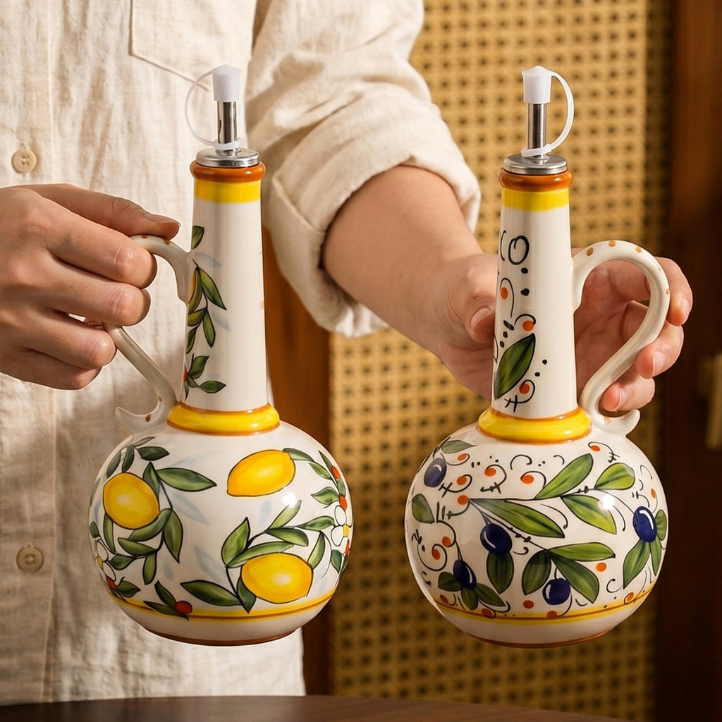 HongDian Vintage Ceramic Oil Dispenser Series,Optional Olive Vine Pattern Vinegar Bottle,Handle Pour Spout,550/600ml 19/20 oz,Premium Ceramic,SGS Tested Underglaze Fade Resistant,Kitchen Counter Cooking Salad Dressing Coffee Bar Table Decor