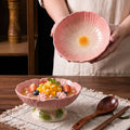 HongDian Pink Cherry Blossom Pedestal Bowl,6 in Ceramic Fruit Dessert Bowl,Hand Painted Floral Pattern,Premium Ceramic,SGS Tested Underglaze Non Fading,Microwave Dishwasher Oven Sterilizer Safe,Yogurt Salad Snack Serving Table Decor Gift
