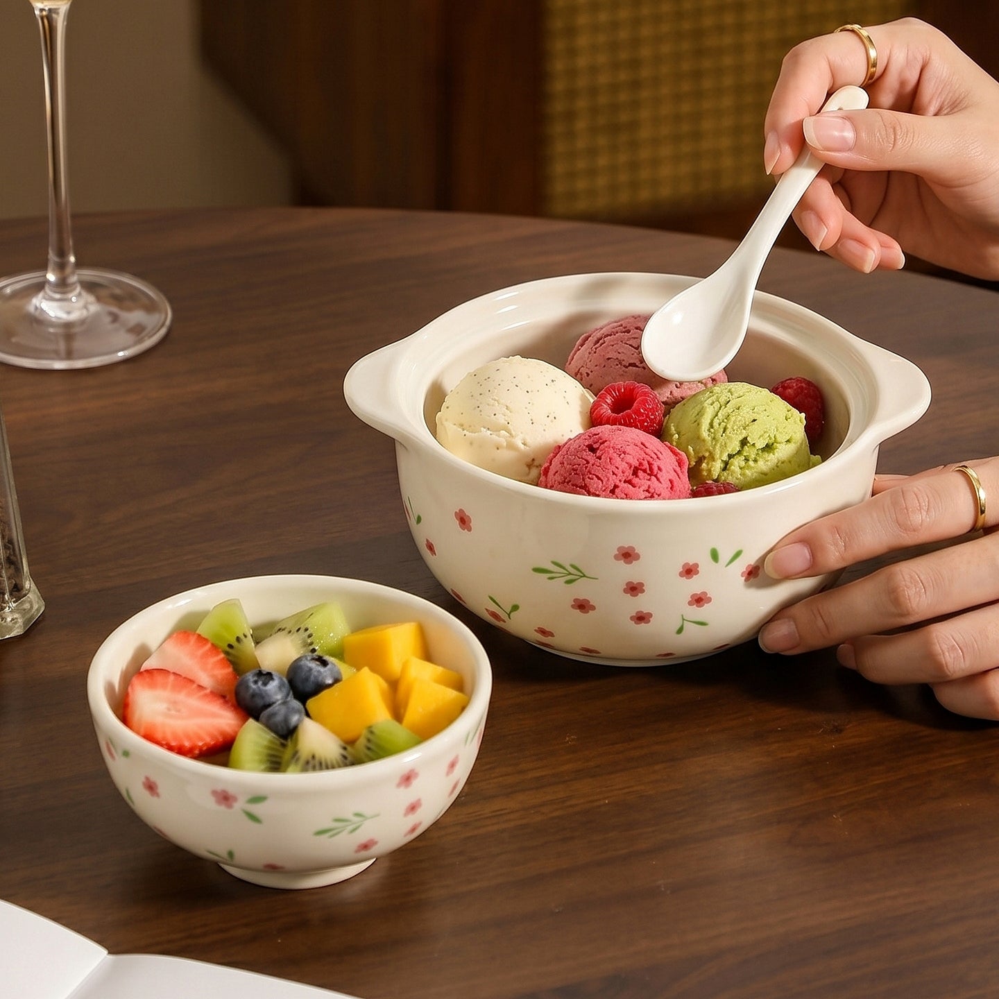 HongDian Cream Floral Tableware Series,Optional Ceramic Bowl Plate 5/7 in,Small Flower Pattern Cottagecore Style,Premium Ceramic,Underglaze Non Fading,Microwave Dishwasher Safe,Breakfast Pastry Dessert Snack Serving,Kitchen Table Gift Decor