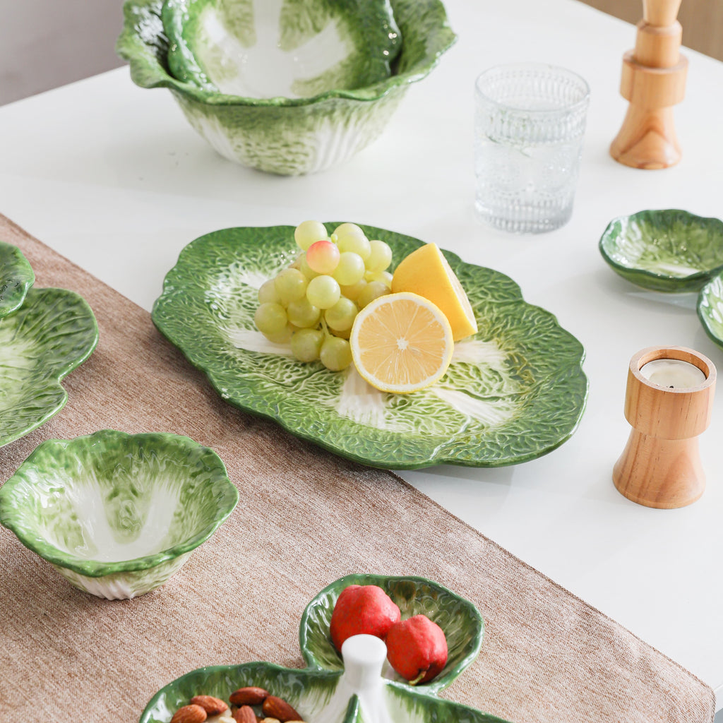 HongDian Green Cabbage Ceramic Bowls Plates, Creative Hand Painted Dinnerware, 2 Pack Plates, 5/7.5/10 in 200/580/1500 ml, Premium Ceramic, Mom Baby Friendly, Home Party Gift, Underglaze, Microwave Oven Dishwasher Sterilizer Safe, Salad Soup Fruit Dessert