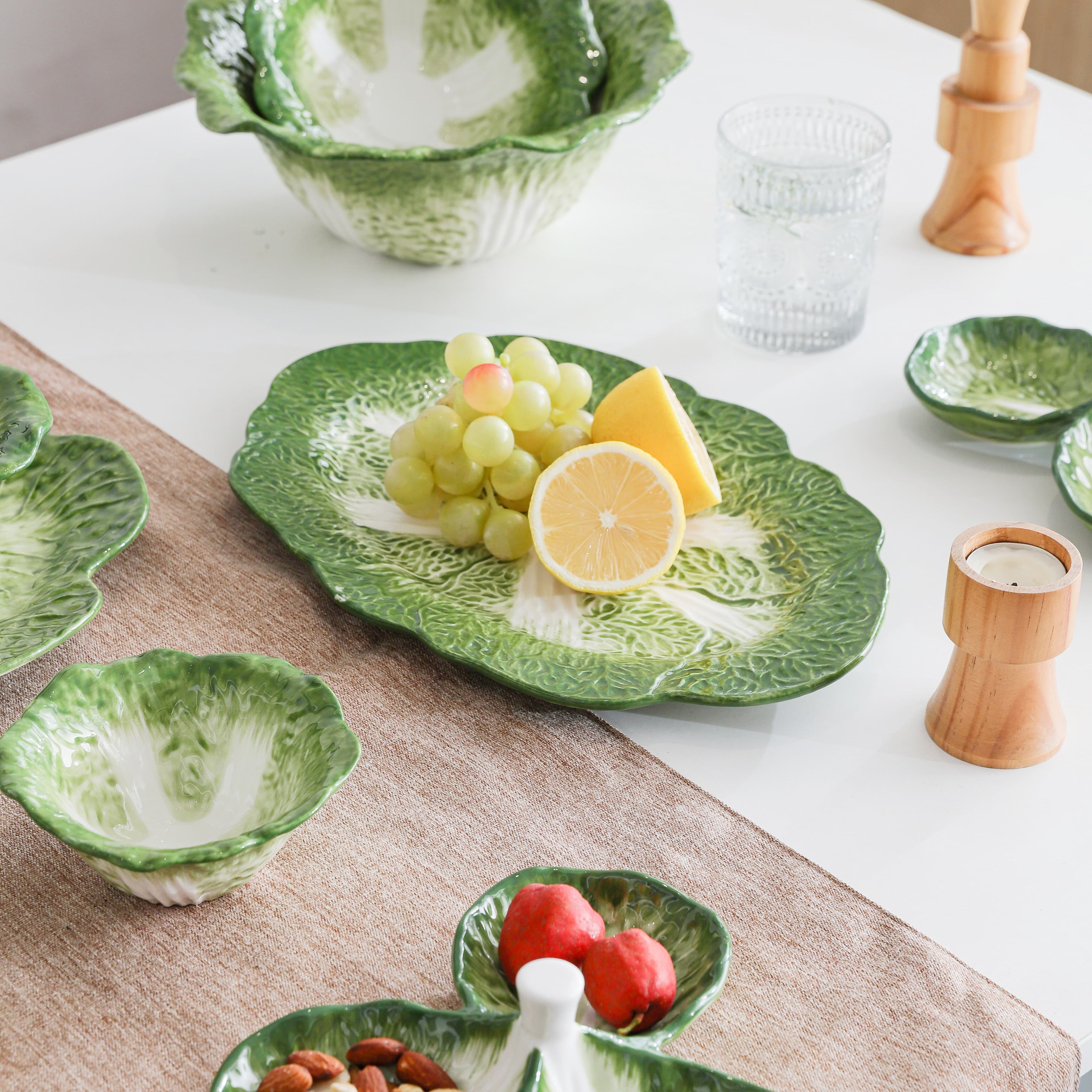 HongDian Green Cabbage Ceramic Bowls Plates, Creative Hand Painted Dinnerware, 2 Pack Plates, 5/7.5/10 in 200/580/1500 ml, Premium Ceramic, Mom Baby Friendly, Home Party Gift, Underglaze, Microwave Oven Dishwasher Sterilizer Safe, Salad Soup Fruit Dessert
