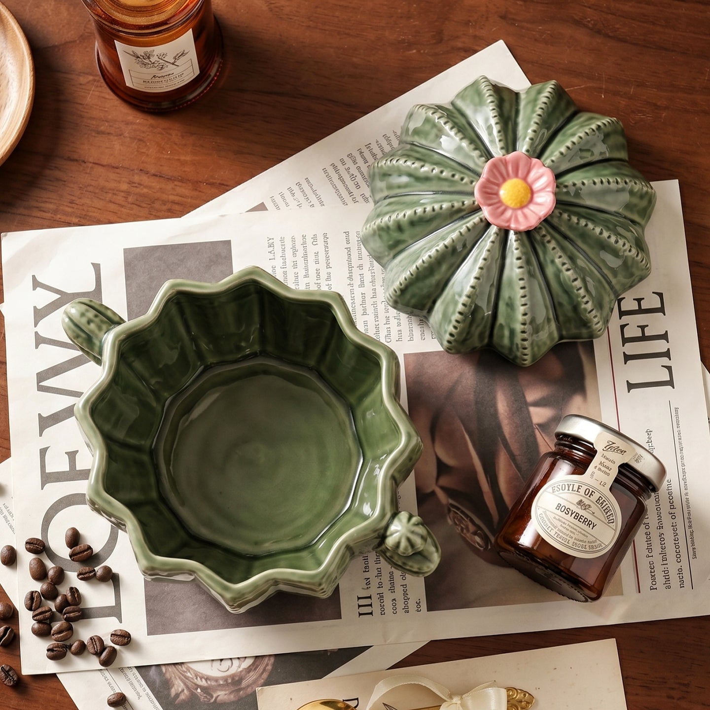 HongDian Green Cactus Lidded Soup Pot,Double Handle Bowl,8.5 in,950ml 32 oz,Premium Ceramic,SGS Tested Underglaze Fade Resistant,Microwave Dishwasher Oven Sterilizer Safe,Daily Meals Baby Food Stew Pasta Family Kitchen Decor Unique Cookware