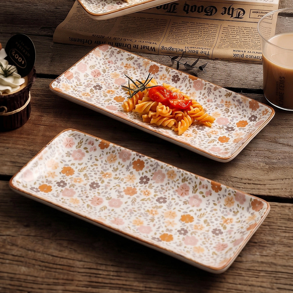 HongDian Japanese Floral Ceramic Plate 2 Pack,8 in Rectangular Serving Dish,Pink Beige,Premium Ceramic,SGS Tested Underglaze Fade Resistant,Microwave Dishwasher Oven Sterilizer Safe,Dessert Pasta Salad Snack Serving Table Setting Gift Decor