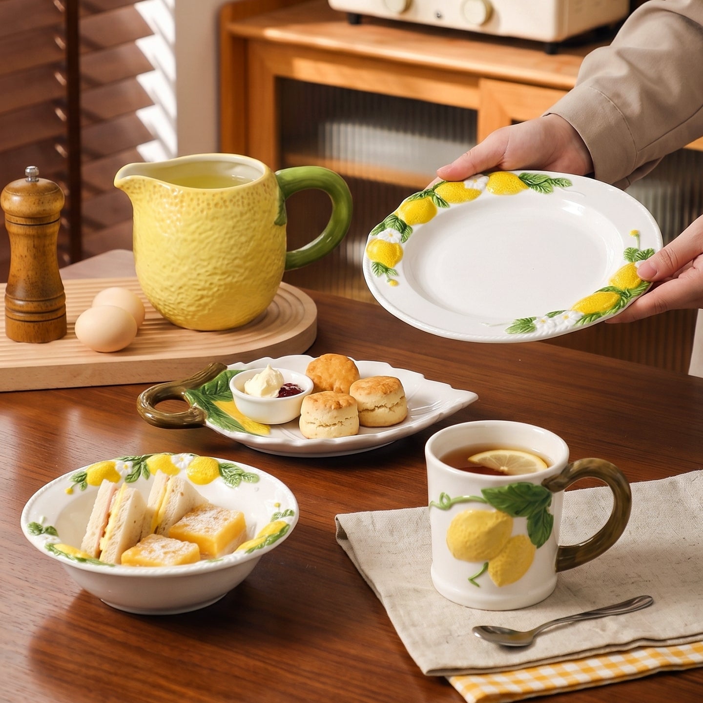 HongDian Yellow Lemon Pattern Tableware Series,Optional Leaf Shaped Plate,Embossed Hand Painted Craft,Premium Porcelain,Yellow White,SGS Tested Underglaze Fade Resistant,Microwave Dishwasher Oven Sterilizer Safe,Tea Time Dessert Serving Table Decor