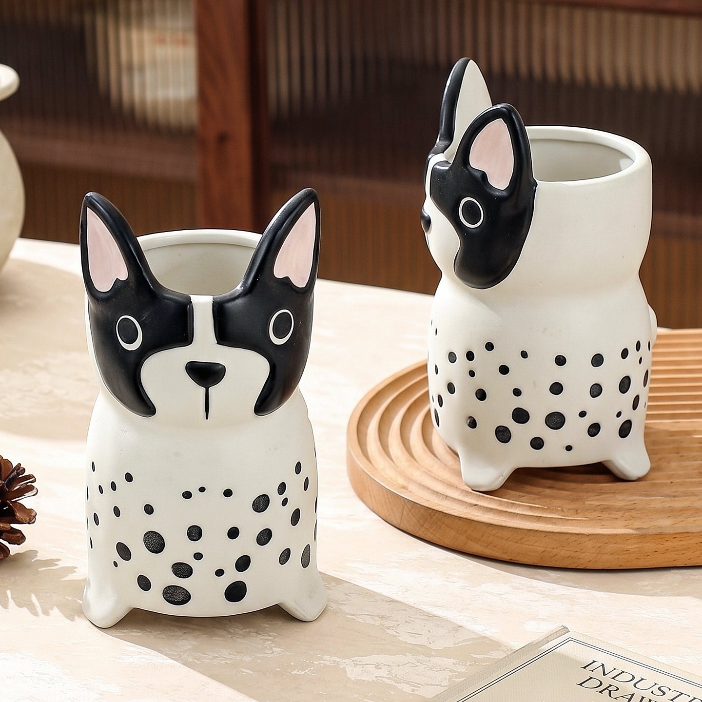 HongDian Spotted Dog Ceramic Utensil Holder,Kitchen Cutlery Flatware Caddy,Fork Spoon Chopstick Drain Holder,Bathroom Toothbrush Organizer,Black White,Premium Ceramic,Drain Hole Base,SGS Tested Underglaze Fade Resistant,Dishwasher Sterilizer Safe