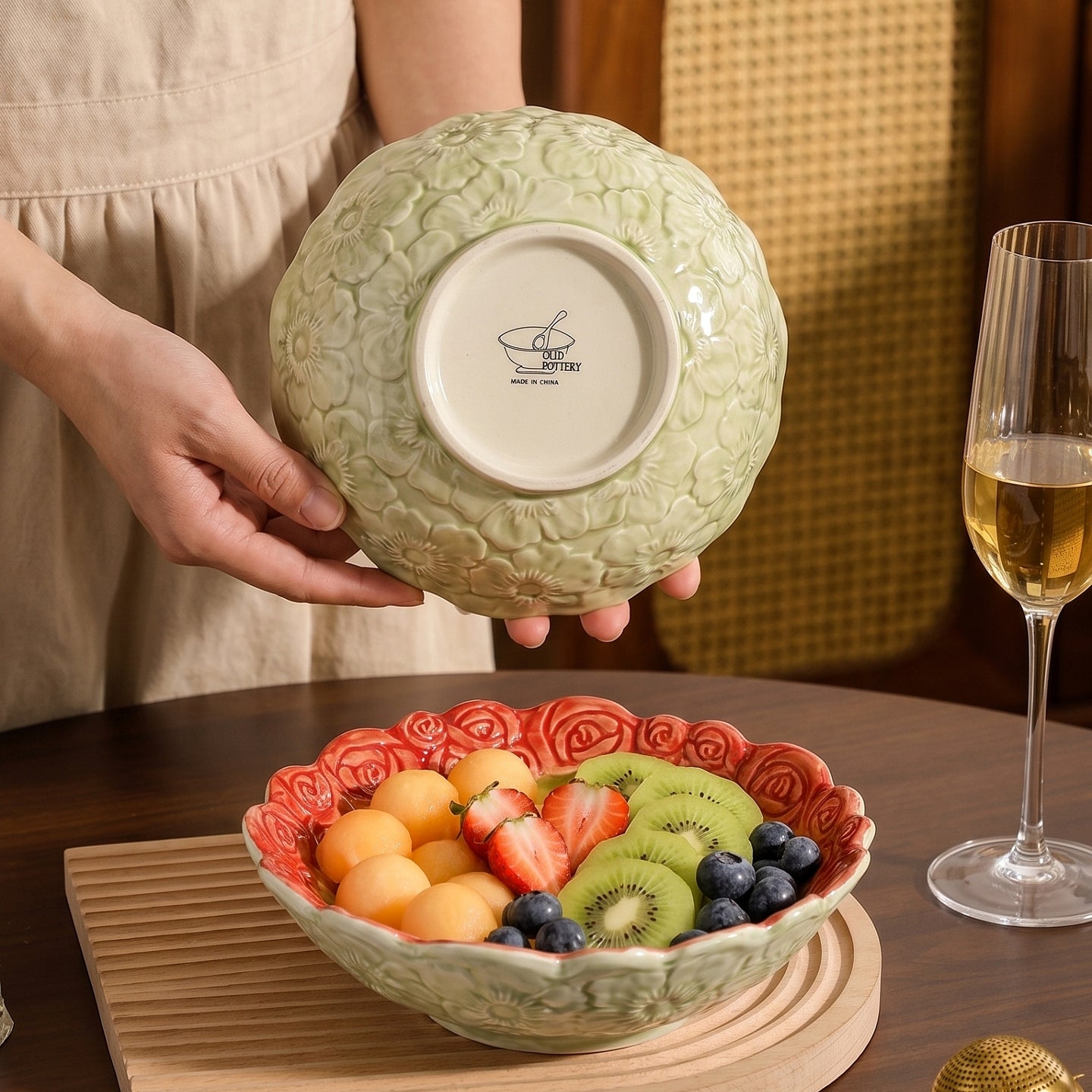 HongDian Rose Embossed Ceramic Plate 2 Pack,7.5 in Hand Painted Floral Dessert Salad Dish,Rose Rim,Sage Green Red,Premium Ceramic,Underglaze Non Fading,Microwave Dishwasher Safe,Tea Time Appetizer Pastry Serving,Cottagecore Table Decor Gift