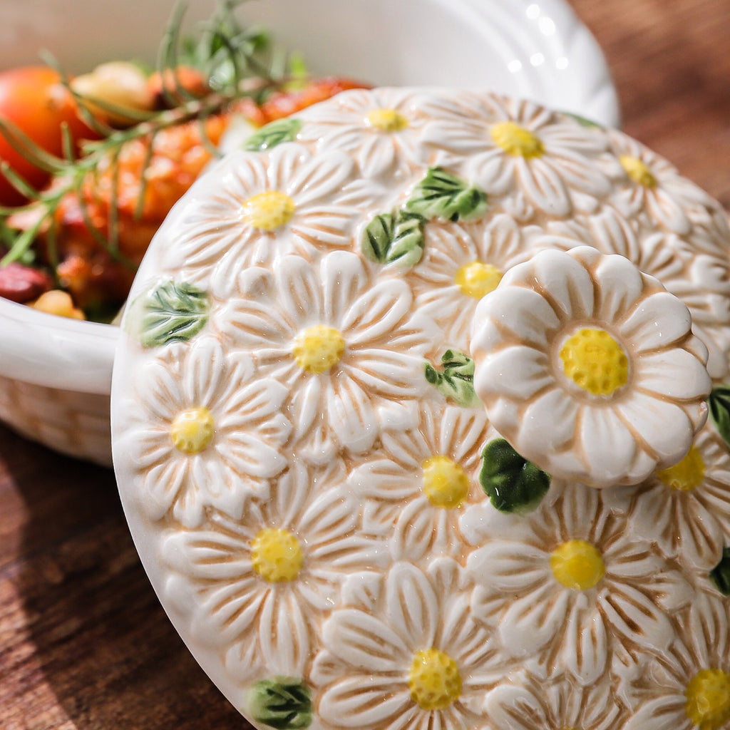 HongDian Daisy Ladybug Covered Bowl Series,Round Square Optional 6 in 280ml 10 oz,Embossed Hand Painted Craft,Premium Porcelain,Ivory Yellow,SGS Tested Underglaze Fade Resistant,Microwave Dishwasher Oven Sterilizer Safe,Meal Serving Table Decor