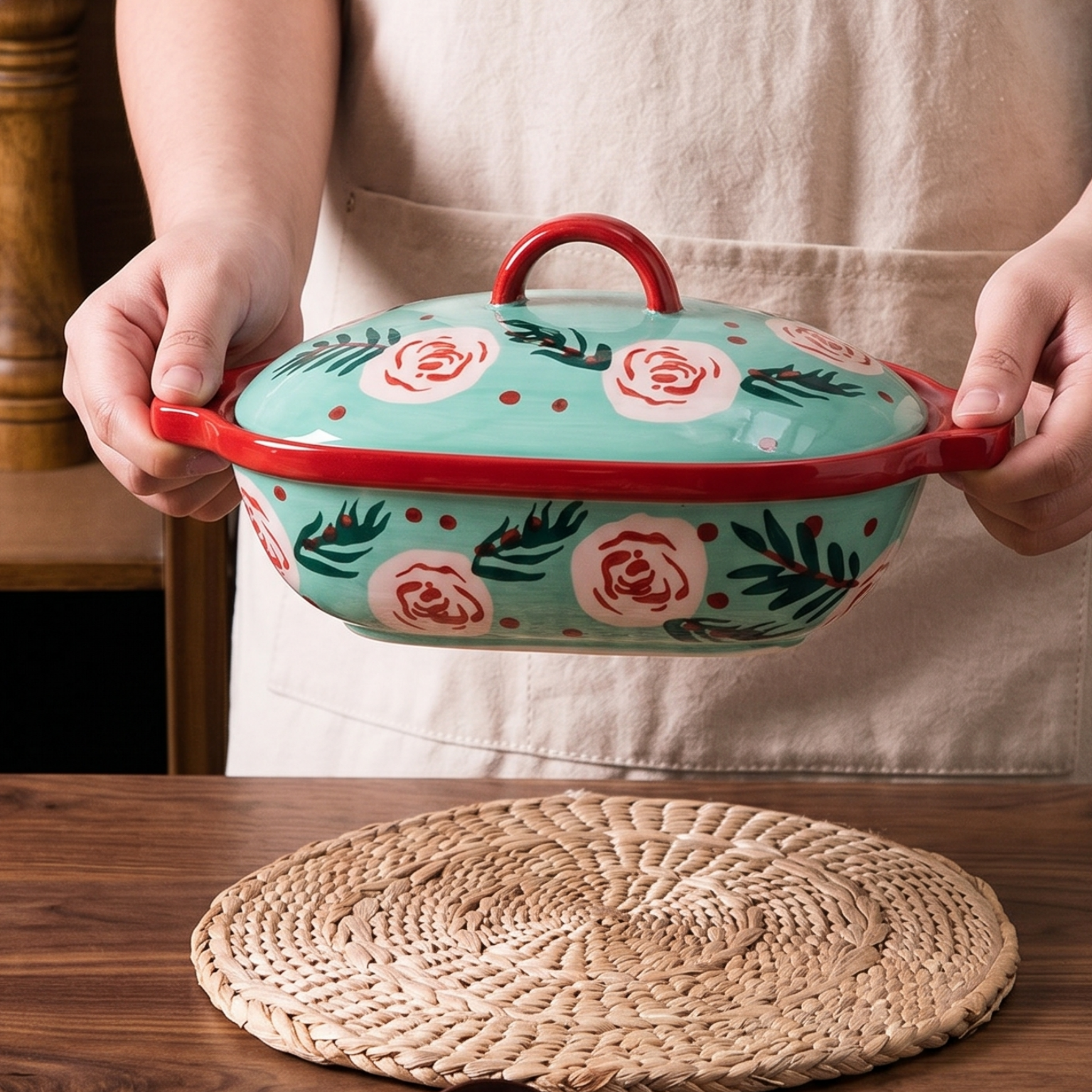 HongDian Mint Pink Rose Ceramic Baking Bowl,Covered Casserole Dish 480ml 16 oz,Hand Painted Floral Pattern,Premium Ceramic,Underglaze Non Fading,Oven Microwave Dishwasher Safe,Small Portion Gratin Dessert Dip Meal Serving Kitchen Gift Decor