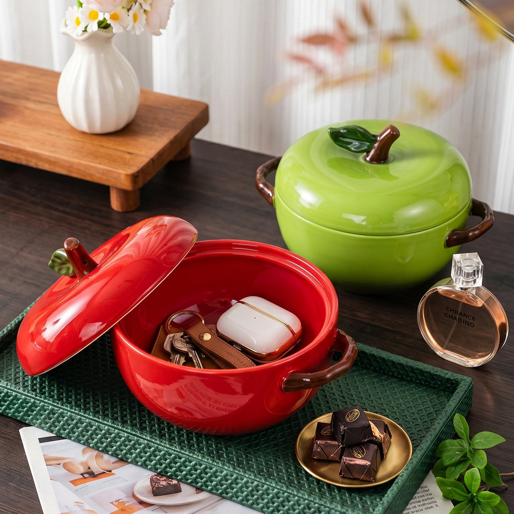 HongDian Red Green Apple Lidded Soup Bowl,Double Handle Ceramic Pot,Hand Painted Craft,Premium Porcelain,8/7.5 in,1650/800ml 56/27 oz,SGS Tested Underglaze Fade Resistant,Microwave Dishwasher Oven Sterilizer Safe,Soup Stew Baby Food Family