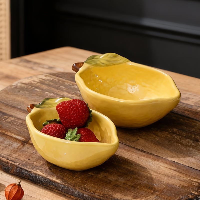 HongDian Yellow Lemon Shaped Dessert Dish 2 Pack,Small Medium Ceramic Sauce Plate,100/160ml 3/5 oz,Hand Painted Leaf Detail,Premium Ceramic,SGS Tested Underglaze Fade Resistant,Dishwasher Microwave Oven Sterilizer Safe,Tea Time Dessert Serving