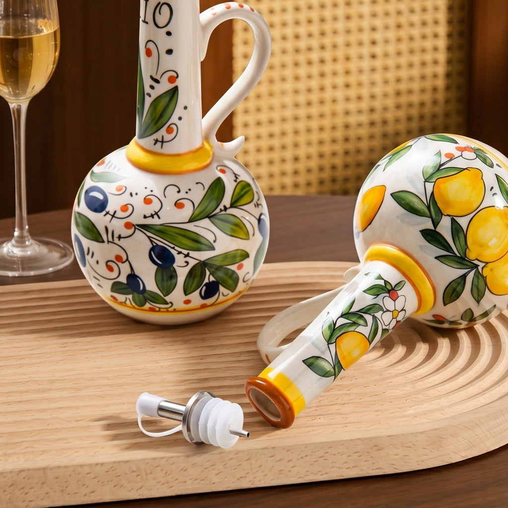 HongDian Vintage Ceramic Oil Dispenser Series,Optional Olive Vine Pattern Vinegar Bottle,Handle Pour Spout,550/600ml 19/20 oz,Premium Ceramic,SGS Tested Underglaze Fade Resistant,Kitchen Counter Cooking Salad Dressing Coffee Bar Table Decor