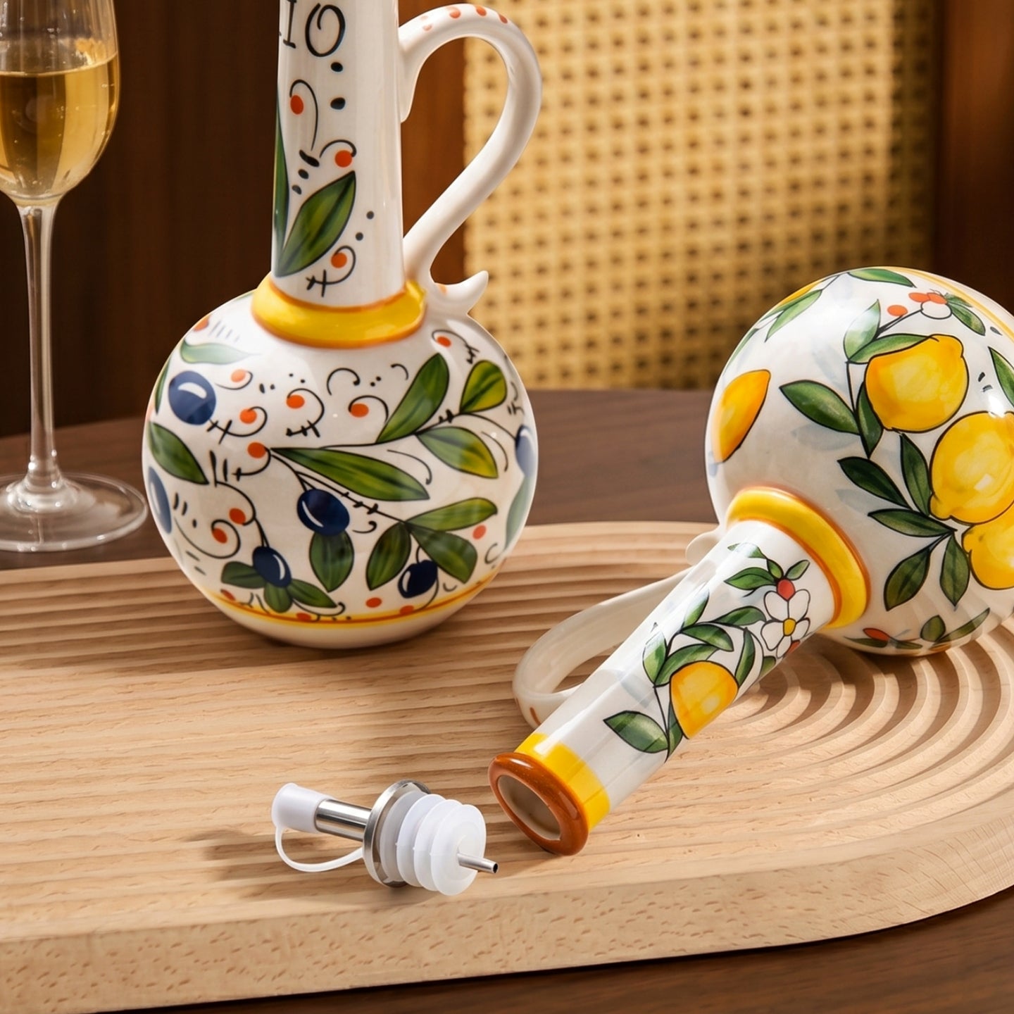 HongDian Vintage Ceramic Oil Dispenser Series,Optional Olive Vine Pattern Vinegar Bottle,Handle Pour Spout,550/600ml 19/20 oz,Premium Ceramic,SGS Tested Underglaze Fade Resistant,Kitchen Counter Cooking Salad Dressing Coffee Bar Table Decor
