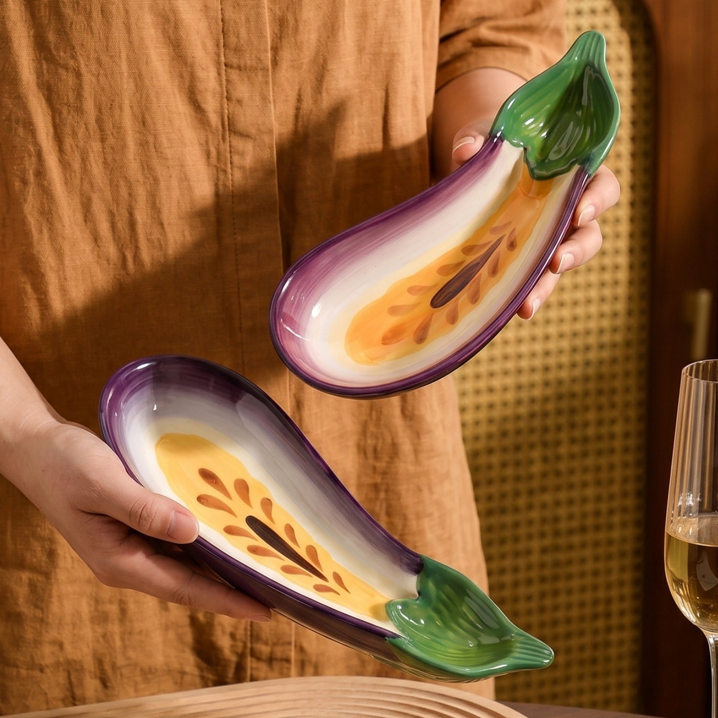 Aubergine tableware,Vegetable shaped dish,Lidded soup bowl,Serving plate,9 inch bowl,12.5 inch plate,1250ml 42 oz,Hand painted craft,Premium ceramic,Purple ceramic,Ramen serving,Stew bowl,Salad plate,Pasta plate,Dishwasher safe