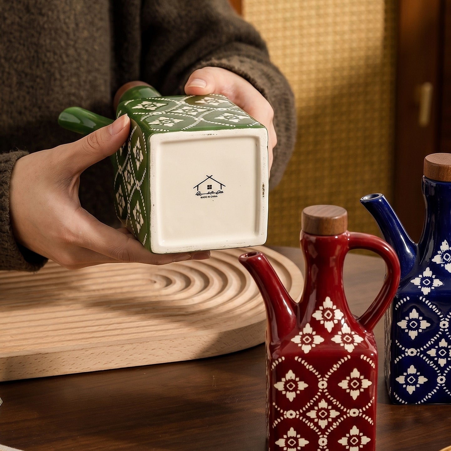 HongDian Red Blue Green Oil Dispenser Series,Optional Ceramic Vinegar Bottle 4/5 in,220/620ml 8/21 oz,Food Grade Wood Stopper,Handle Design,Premium Ceramic,SGS Tested Underglaze Fade Resistant,Kitchen Counter Cooking Salad Dressing Table Decor