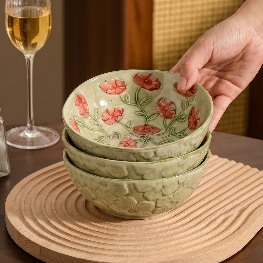 HongDian Rose Embossed Ceramic Plate 2 Pack,7.5 in Hand Painted Floral Dessert Salad Dish,Rose Rim,Sage Green Red,Premium Ceramic,Underglaze Non Fading,Microwave Dishwasher Safe,Tea Time Appetizer Pastry Serving,Cottagecore Table Decor Gift