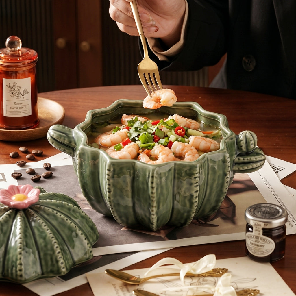 HongDian Green Cactus Lidded Soup Pot,Double Handle Bowl,8.5 in,950ml 32 oz,Premium Ceramic,SGS Tested Underglaze Fade Resistant,Microwave Dishwasher Oven Sterilizer Safe,Daily Meals Baby Food Stew Pasta Family Kitchen Decor Unique Cookware