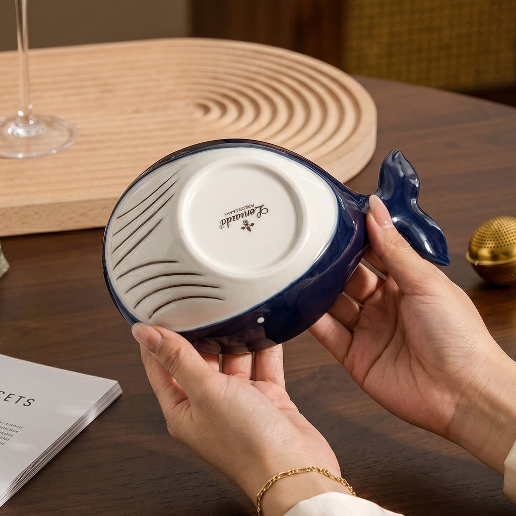 HongDian Navy Whale Shaped Dipping Dish Pet Bowl Series,Optional Ceramic Sauce Bowl 220/150/80ml 8/5/3 oz,Premium Porcelain,Blue White,SGS Tested Underglaze Fade Resistant,Microwave Dishwasher Oven Sterilizer Safe,Sushi Snack Condiment Pet Feeding