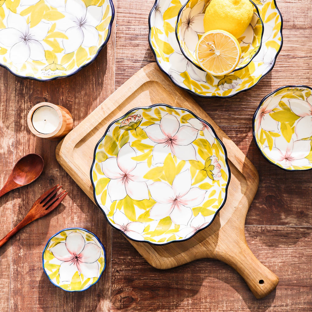 HongDian Yellow Magnolia Floral Tableware Series,Optional 5 in Bowl 8 in Plate,Premium Ceramic,SGS Tested Underglaze Fade Resistant,Microwave Dishwasher Oven Sterilizer Safe,Dessert Serving Breakfast Use Tea Time Table Setting Gift Decor