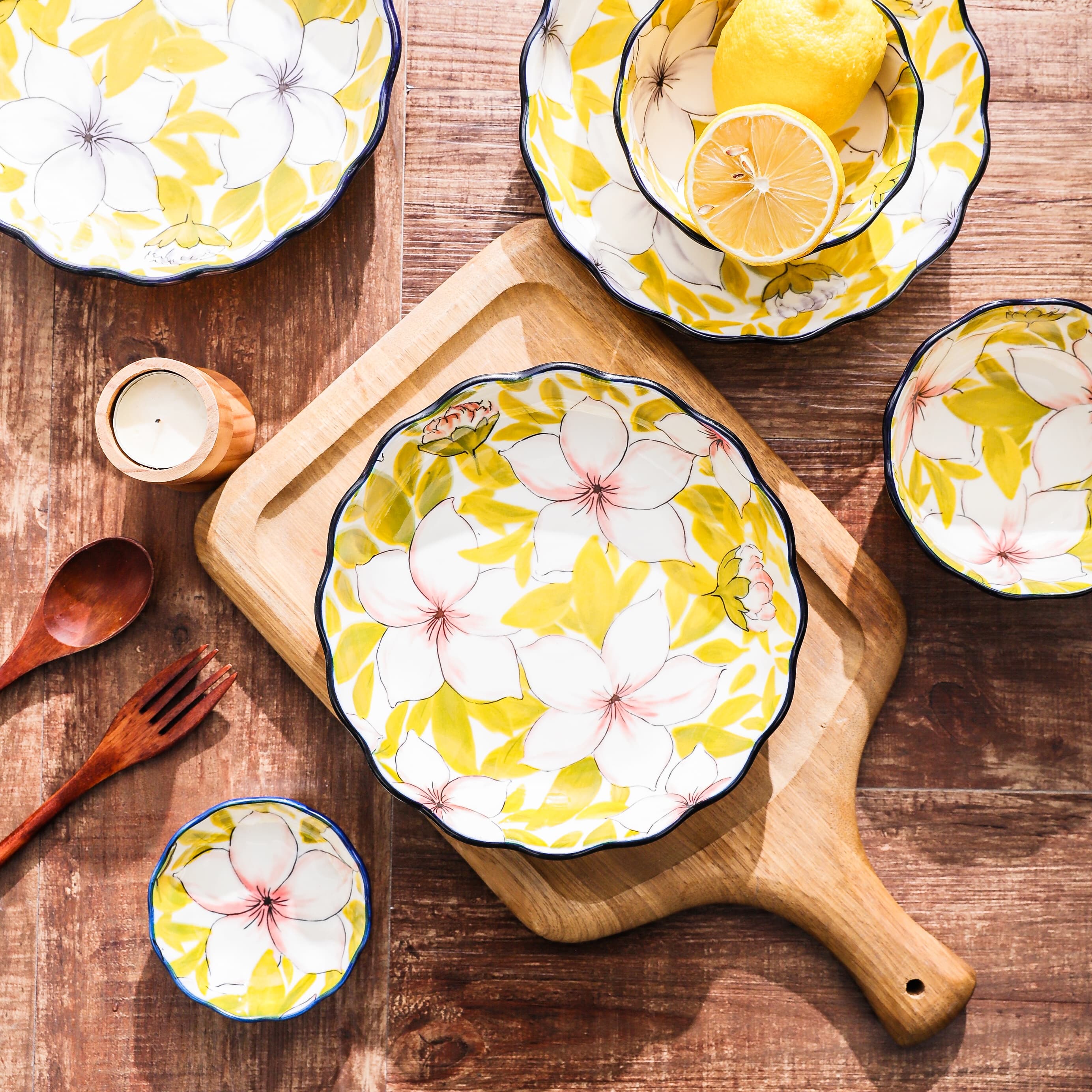 HongDian Yellow Magnolia Floral Tableware Series,Optional 5 in Bowl 8 in Plate,Premium Ceramic,SGS Tested Underglaze Fade Resistant,Microwave Dishwasher Oven Sterilizer Safe,Dessert Serving Breakfast Use Tea Time Table Setting Gift Decor
