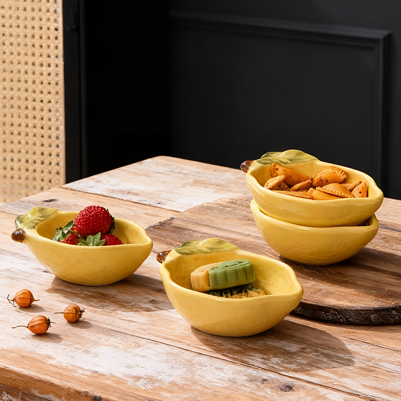 HongDian Yellow Lemon Shaped Dessert Dish 2 Pack,Small Medium Ceramic Sauce Plate,100/160ml 3/5 oz,Hand Painted Leaf Detail,Premium Ceramic,SGS Tested Underglaze Fade Resistant,Dishwasher Microwave Oven Sterilizer Safe,Tea Time Dessert Serving