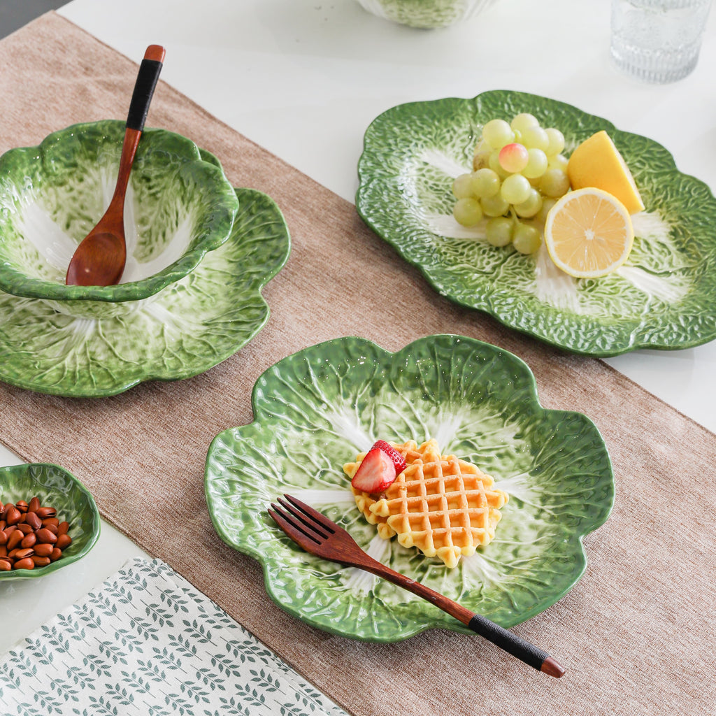 HongDian Green Cabbage Ceramic Bowls Plates, Creative Hand Painted Dinnerware, 2 Pack Plates, 5/7.5/10 in 200/580/1500 ml, Premium Ceramic, Mom Baby Friendly, Home Party Gift, Underglaze, Microwave Oven Dishwasher Sterilizer Safe, Salad Soup Fruit Dessert