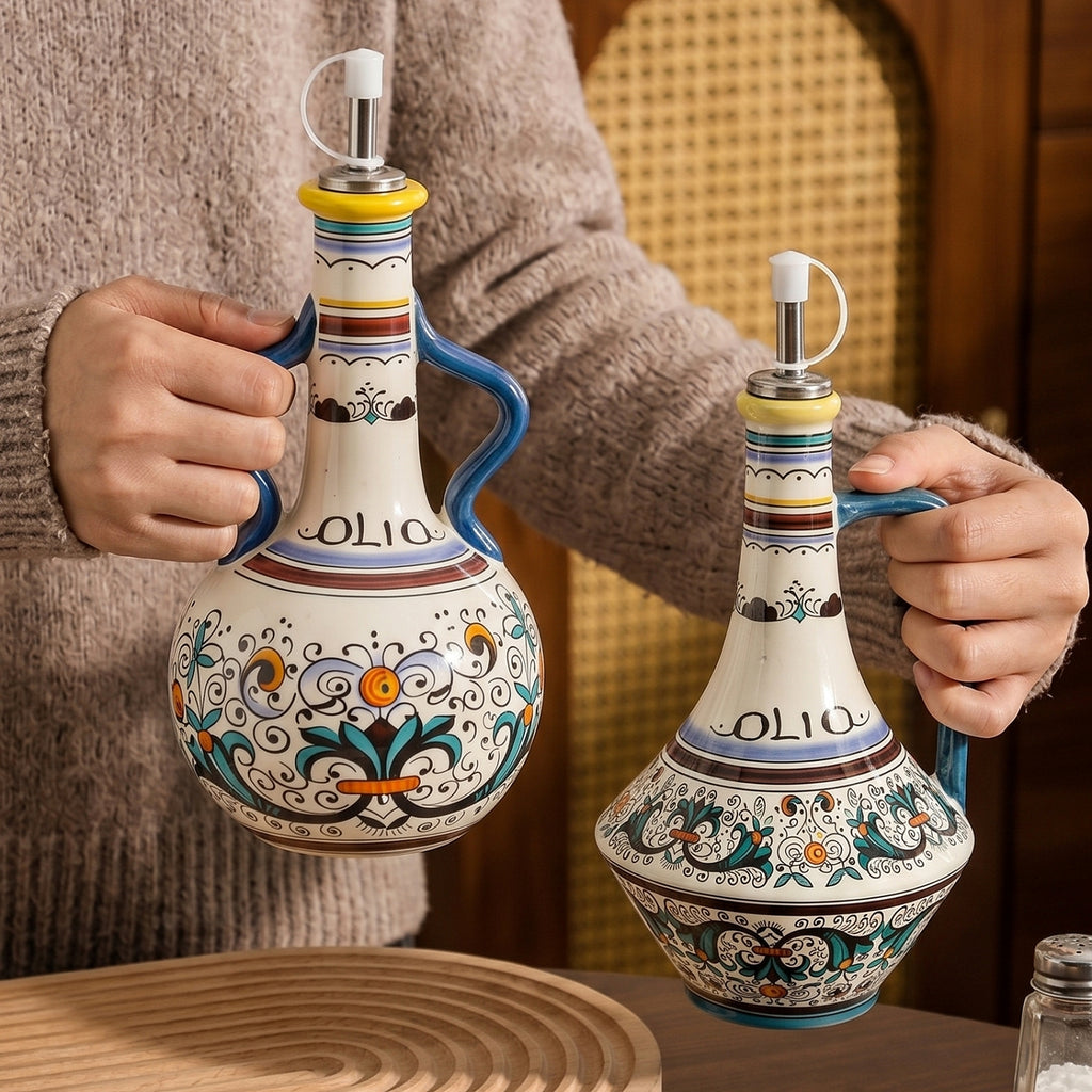 HongDian Vintage Ceramic Oil Dispenser Series,Optional Olive Vine Pattern Vinegar Bottle,Handle Pour Spout,550/600ml 19/20 oz,Premium Ceramic,SGS Tested Underglaze Fade Resistant,Kitchen Counter Cooking Salad Dressing Coffee Bar Table Decor