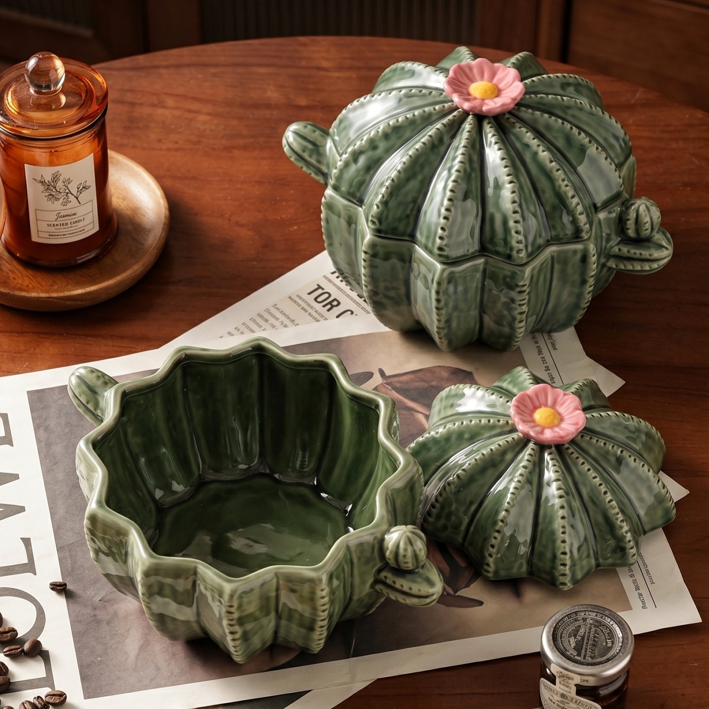 HongDian Green Cactus Lidded Soup Pot,Double Handle Bowl,8.5 in,950ml 32 oz,Premium Ceramic,SGS Tested Underglaze Fade Resistant,Microwave Dishwasher Oven Sterilizer Safe,Daily Meals Baby Food Stew Pasta Family Kitchen Decor Unique Cookware