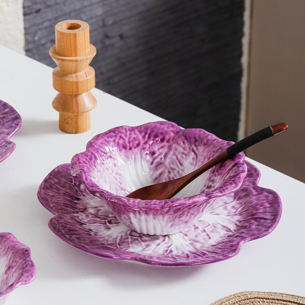 HongDian Purple Cabbage Shaped Dinnerware,Hand Painted Porcelain Bowl Plate 5/7.5/10/14 in,200/500/1500ml 7/17/50 oz,Purple White,SGS Tested Underglaze Fade Resistant,Oven Microwave Dishwasher Sterilizer Safe,Home Gift Party