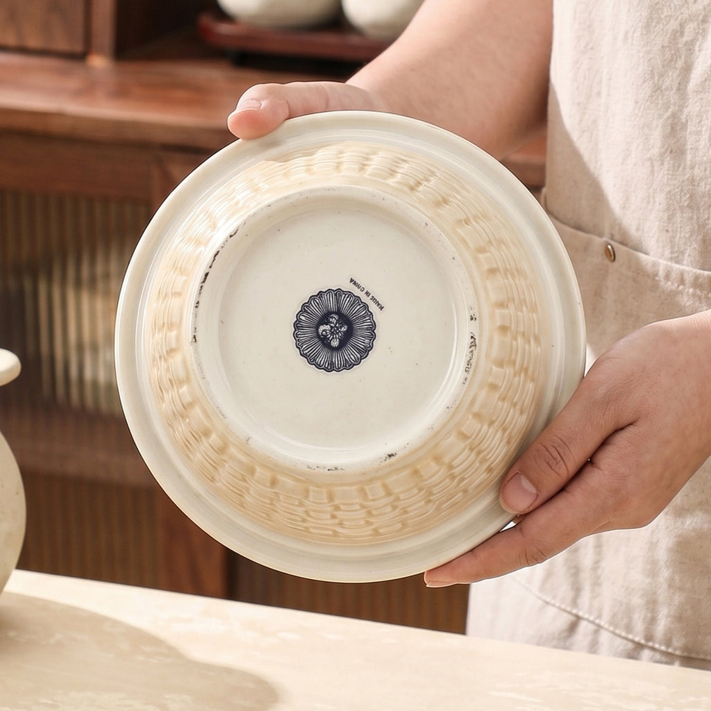 HongDian Daisy Ladybug Covered Bowl Series,Round Square Optional 6 in 280ml 10 oz,Embossed Hand Painted Craft,Premium Porcelain,Ivory Yellow,SGS Tested Underglaze Fade Resistant,Microwave Dishwasher Oven Sterilizer Safe,Meal Serving Table Decor
