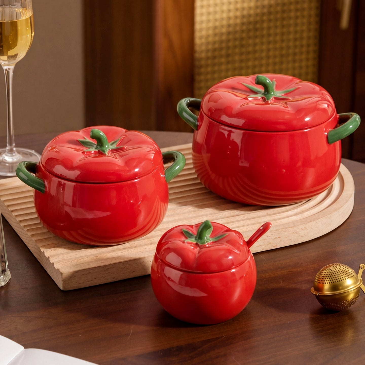 HongDian Red Tomato Tableware Series,Optional Lidded Soup Pot,Bowl,4.5 in Seasoning Jar,8/9 in 900/1650ml 30/56 oz,Premium Ceramic,SGS Tested Underglaze Fade Resistant,Microwave Dishwasher Oven Sterilizer Safe,Home Kitchen Gift Party All Ages