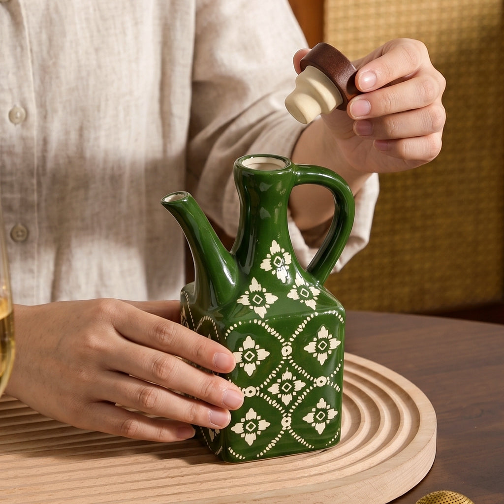 HongDian Red Blue Green Oil Dispenser Series,Optional Ceramic Vinegar Bottle 4/5 in,220/620ml 8/21 oz,Food Grade Wood Stopper,Handle Design,Premium Ceramic,SGS Tested Underglaze Fade Resistant,Kitchen Counter Cooking Salad Dressing Table Decor
