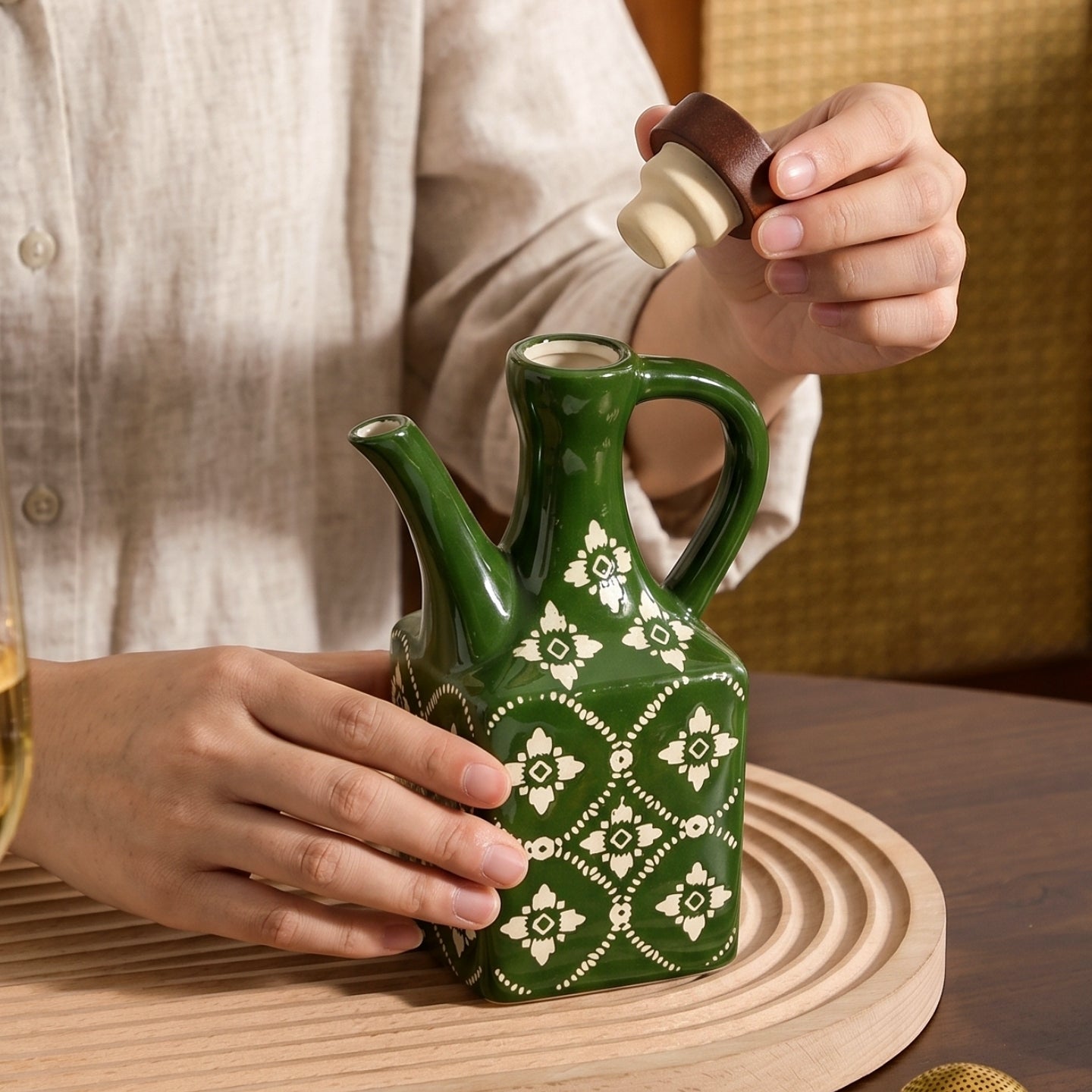 HongDian Red Blue Green Oil Dispenser Series,Optional Ceramic Vinegar Bottle 4/5 in,220/620ml 8/21 oz,Food Grade Wood Stopper,Handle Design,Premium Ceramic,SGS Tested Underglaze Fade Resistant,Kitchen Counter Cooking Salad Dressing Table Decor
