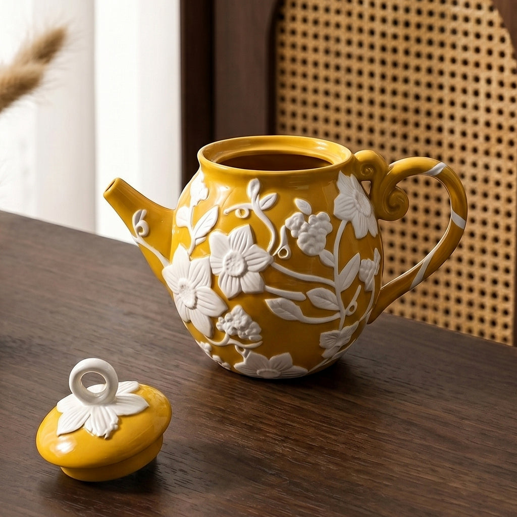 HongDian Yellow White Sunflower Embossed Ceramic Teapot,Lidded Water Kettle 9 in 1100ml 37 oz,Relief Flower Craft,Premium Porcelain,SGS Tested Underglaze Fade Resistant,Microwave Dishwasher Oven Sterilizer Safe,Tea Time Coffee Bar Gift Decor