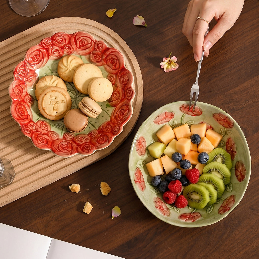 HongDian Rose Embossed Ceramic Plate 2 Pack,7.5 in Hand Painted Floral Dessert Salad Dish,Rose Rim,Sage Green Red,Premium Ceramic,Underglaze Non Fading,Microwave Dishwasher Safe,Tea Time Appetizer Pastry Serving,Cottagecore Table Decor Gift
