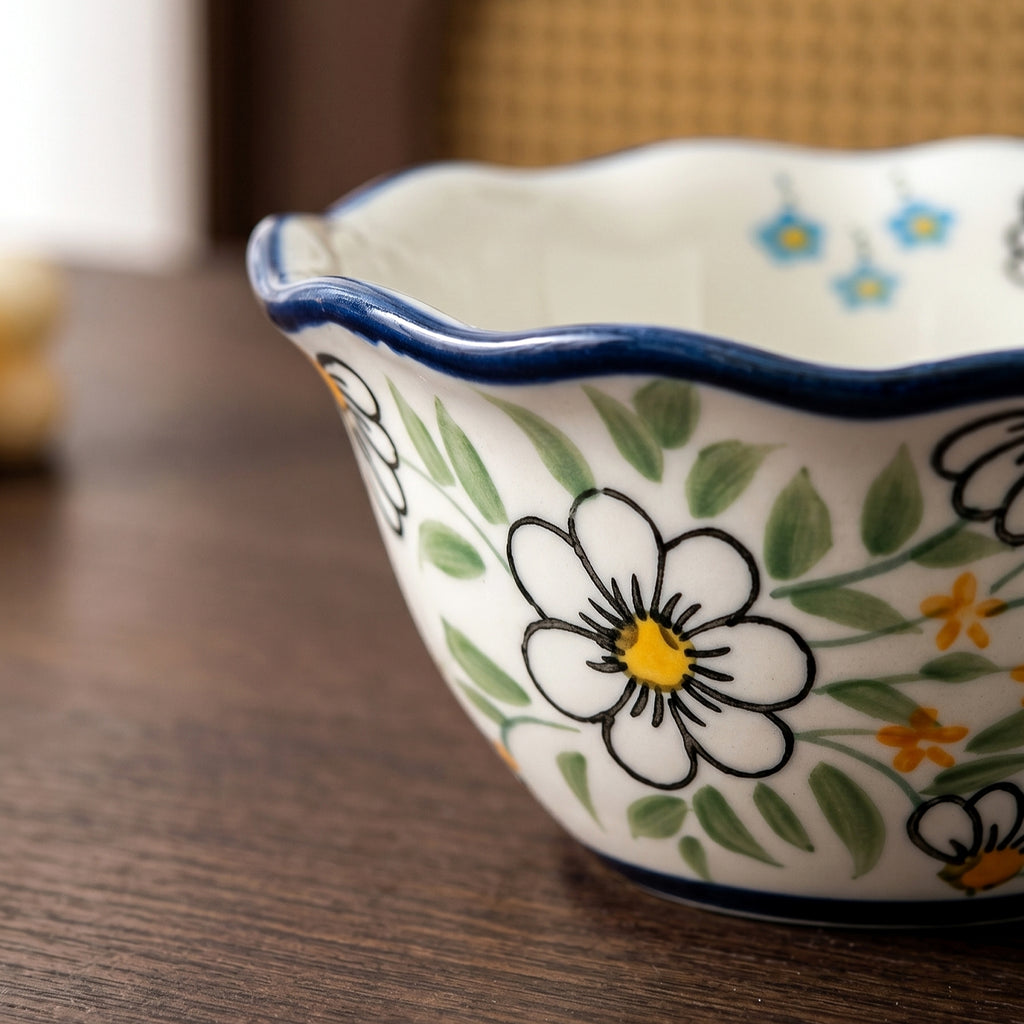 HongDian White Daisy Pattern Dinnerware,Cup Bowl Plate,with Double Handles,Hand Painted Craft,Premium Porcelain,400/280/1000ml 14/10/34 oz,White Green Blue,SGS Tested Underglaze Fade Resistant,Microwave Dishwasher Oven Sterilizer Safe,Home Gift