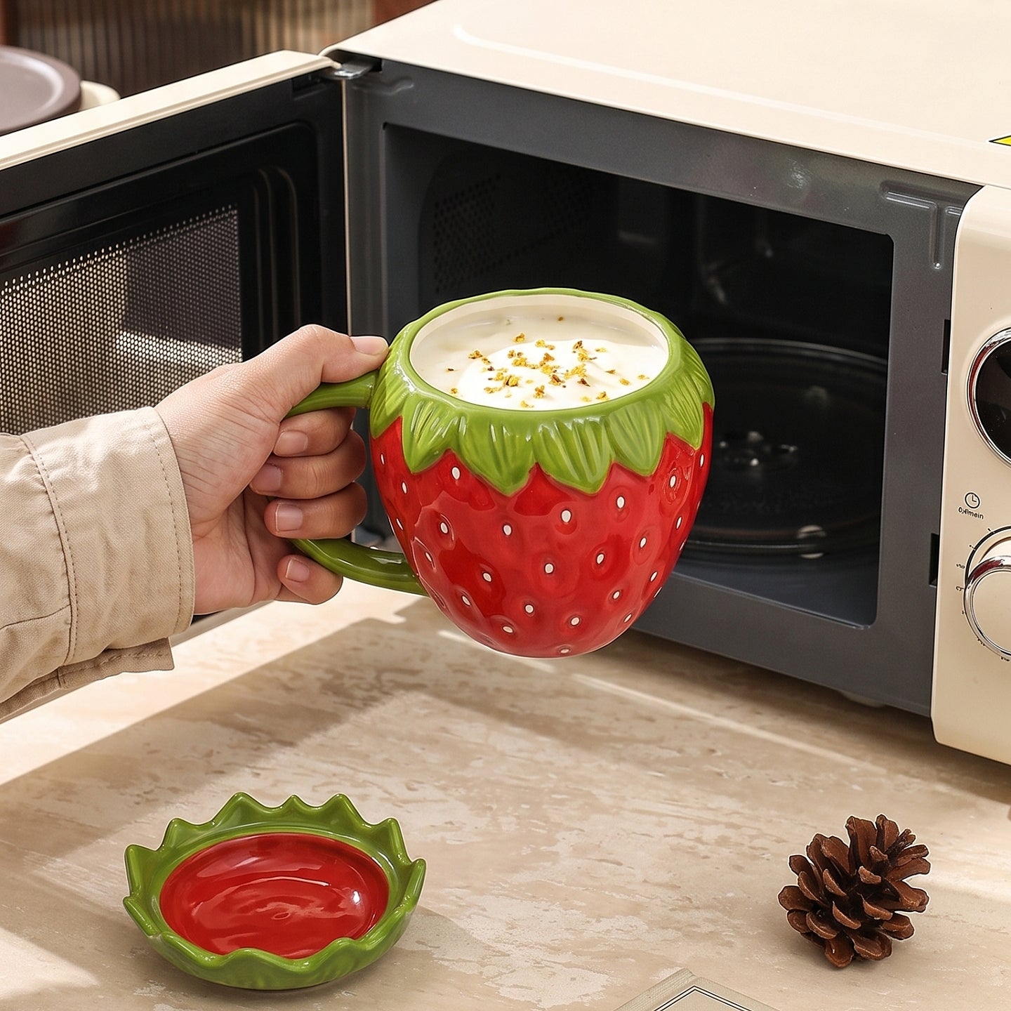 HongDian Strawberry Shaped Single Handle Bowl Series,Optional 8/5 in Ceramic Fruit Dessert Serving Bowl,Pink Red,Premium Ceramic,Cute Textured Berry Surface,Microwave Dishwasher Safe,For Salad Yogurt Snack Dip,Tea Table Kitchen Decor Gift