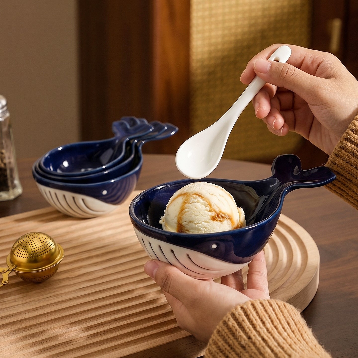 HongDian Navy Whale Shaped Dipping Dish Pet Bowl Series,Optional Ceramic Sauce Bowl 220/150/80ml 8/5/3 oz,Premium Porcelain,Blue White,SGS Tested Underglaze Fade Resistant,Microwave Dishwasher Oven Sterilizer Safe,Sushi Snack Condiment Pet Feeding