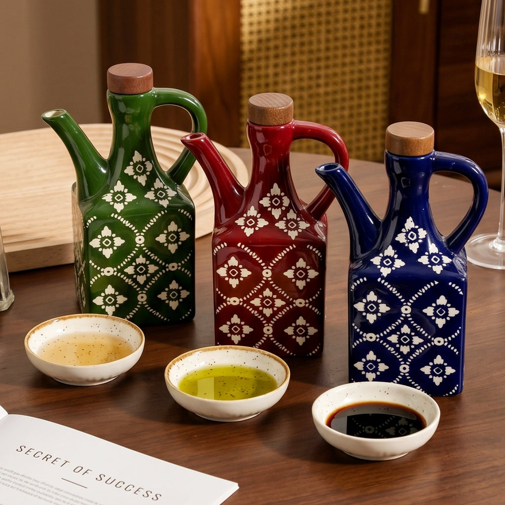HongDian Red Blue Green Oil Dispenser Series,Optional Ceramic Vinegar Bottle 4/5 in,220/620ml 8/21 oz,Food Grade Wood Stopper,Handle Design,Premium Ceramic,SGS Tested Underglaze Fade Resistant,Kitchen Counter Cooking Salad Dressing Table Decor