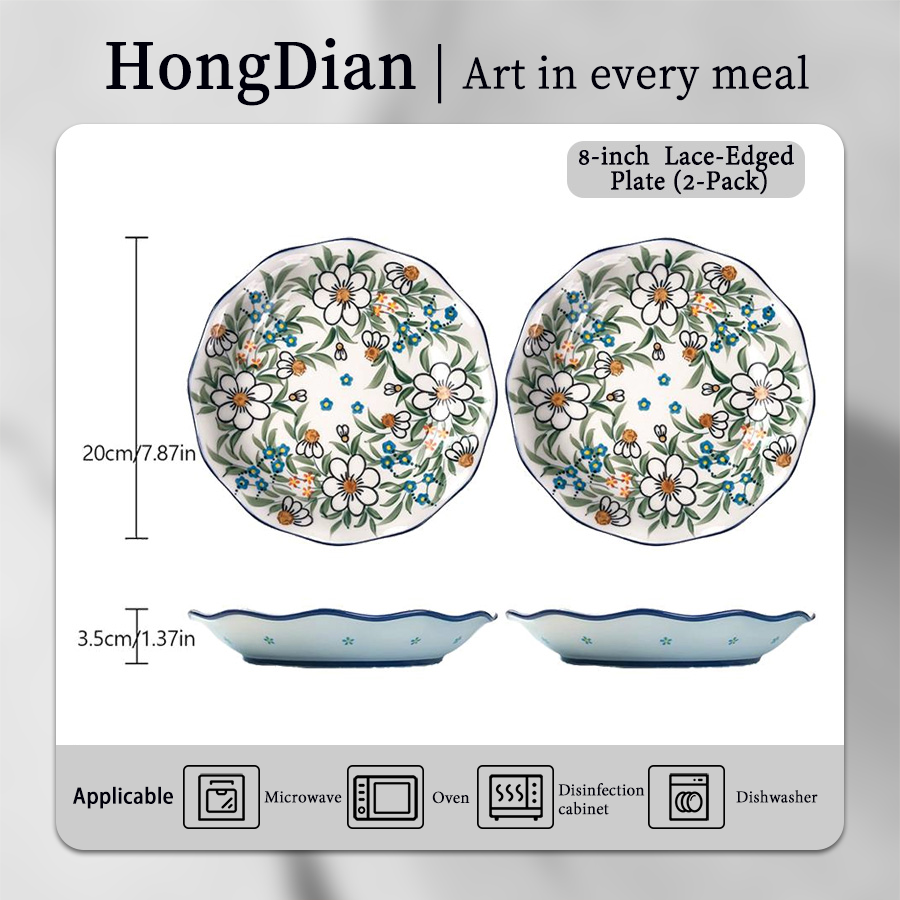 HongDian White Daisy Pattern Dinnerware,Cup Bowl Plate,with Double Handles,Hand Painted Craft,Premium Porcelain,400/280/1000ml 14/10/34 oz,White Green Blue,SGS Tested Underglaze Fade Resistant,Microwave Dishwasher Oven Sterilizer Safe,Home Gift